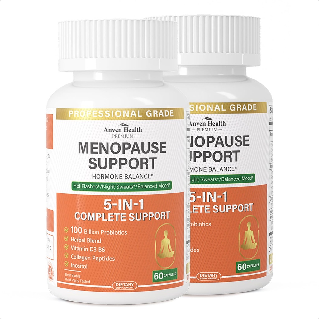 Menopauza Suplementy dla kobiet Menopauza Probiotyki Relief, Witamina D3 & B6, Wspiera gorące błyski, nocne poty, Bloating & Gut Health z Black Cohosh, Kolagen 124; 180 Czapki Veggie