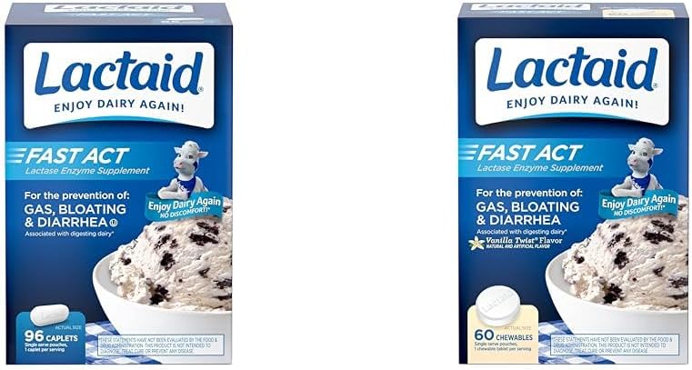 Lactaid Fast Act Laktoza Nietolerancja Relief Caplets with Lactase Enzym, 96 Count & Fast Act Laktoza Nietolerancja Chewables with Lactase Enzymes, Vanilla, 60 Count (opakowanie po 1)
