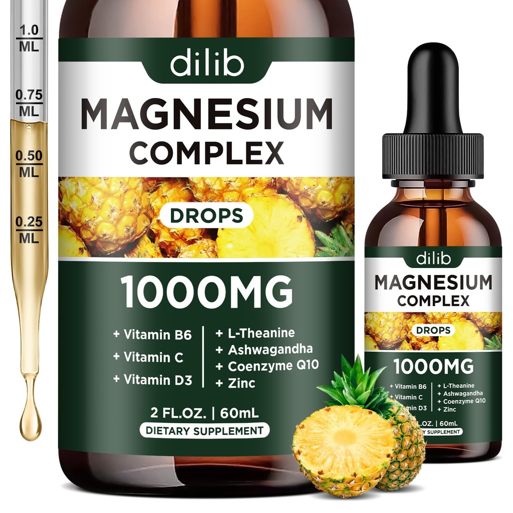 Triple Magnezu Complex Supplement, Magnezu Glicynian, Mieszanka, Citrate Liquid Drops 1000mg z Ashwagandha, CoQ10, Witamina B6, C, D, Cynk - Wegański aromat ananasowy