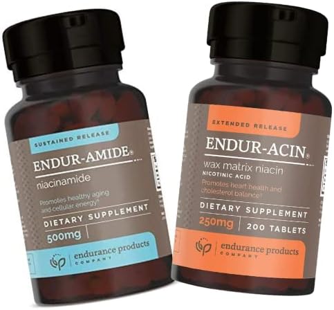Endurance Products EPC Company NAD + Niacynamid B3, Endur- Amide 500mg 200 Tabletki i ENDUR- ACIN 250mg Niacyna - Rozszerzone uwalnianie optymalnej absorpcji i Low- Flush Witamina B-3, 200 Tabletki