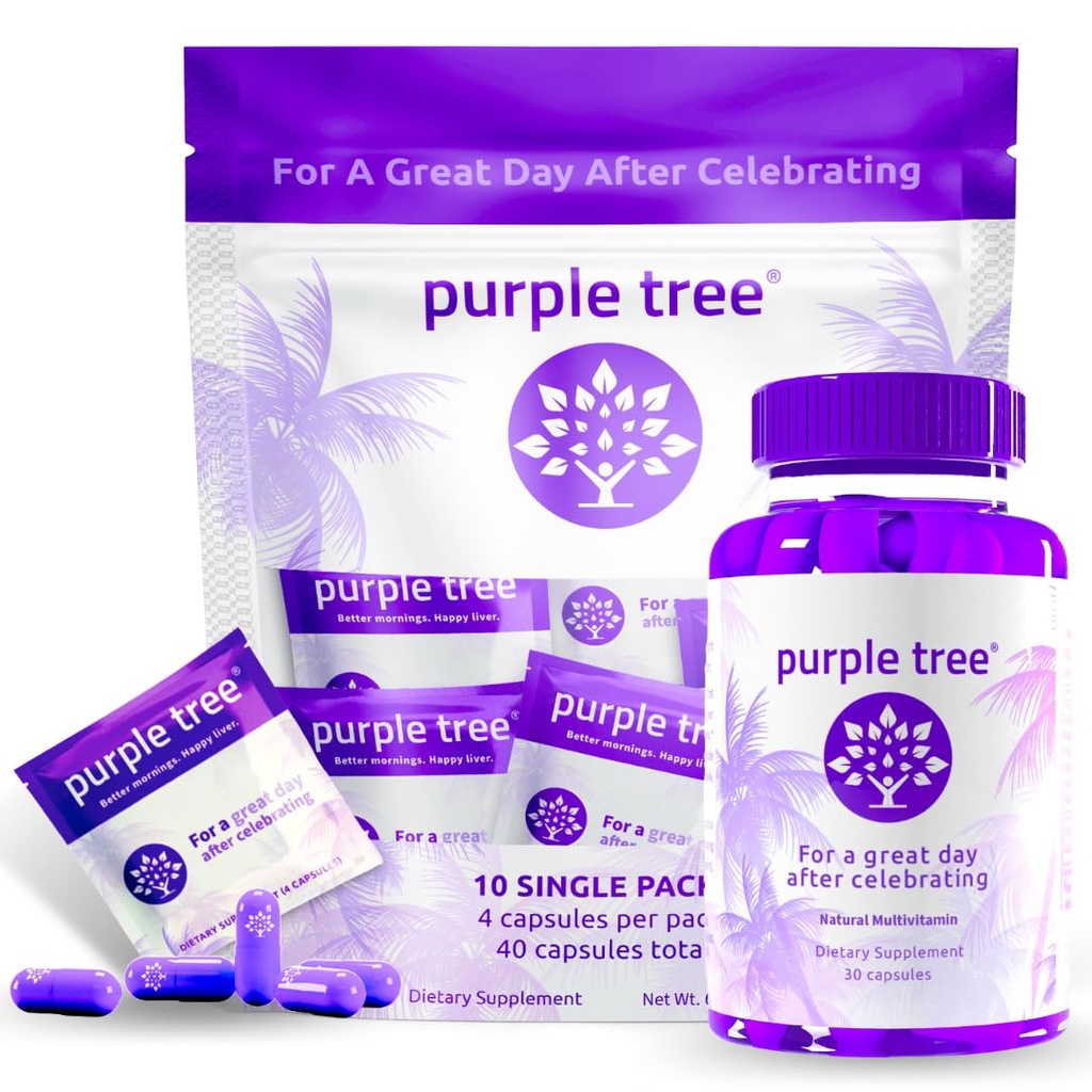 purpurowe drzewo Post- Celebration Wellness Butelka + Zestaw pakiet Combo, Wparcie wątroby, Szybkie nawodnienie, Napełniacz ciała 124; Dihydromyricetin DHM, Ostrze mleka, Elektrolity, Witamina B, Willow Bark, Quercetin