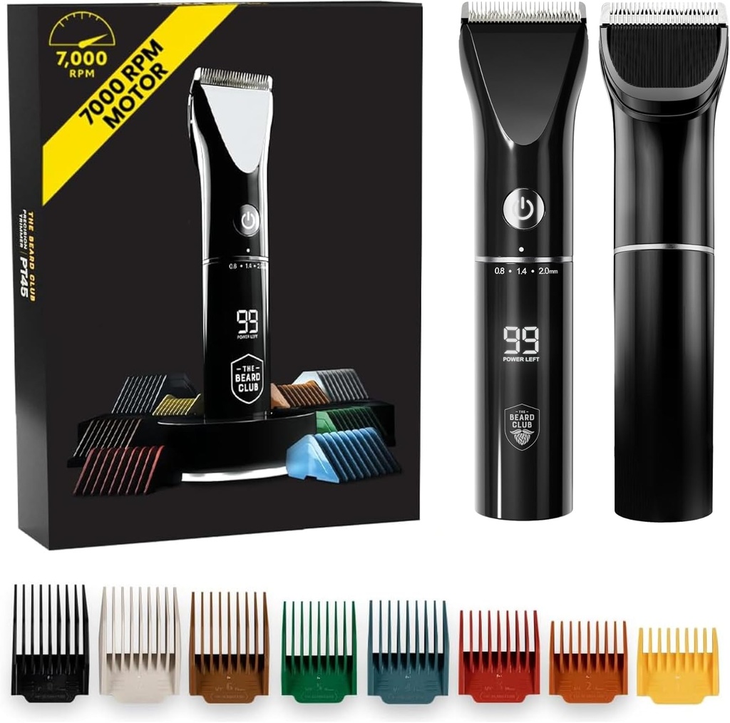 Beard Club Beard Trimmer dla mężczyzn - Elektryczne Cordless Recharfeable Beard & Hair Trimmer - Wysoka moc 7000 RPM - 8 Przewodniki kolorów 45 Unikalne Trim Lengths - Travel Lock
