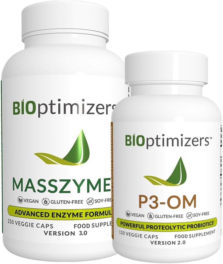 BiOptymalizatory - P3-OM i MassZymes Bundle - Premium Enzymy i Probiotyki dla Kobiet i Mężczyzn - Doctor- Formated (250 Kapsułki MassZymes, 120 Kapsułki P3-OM)