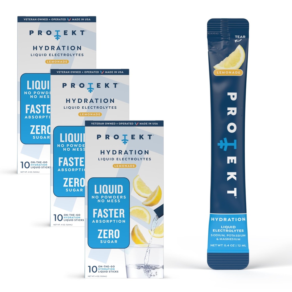 PROTEKT Electrolyte Pakiety do odzyskiwania i nawilżania 124; Organic & Sugar-Free Electrolytes Drinki do 124; Działa szybciej niż proszek Drink 124; On- The- - Płynny Napoje Nawodnienia 124; Lemoniada, 30 Pack
