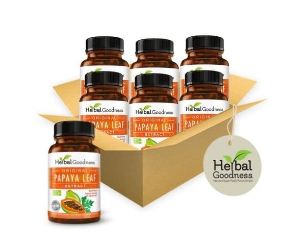 Papaya Leaf Extract Kapsułki 10X Siła - 60 / 600mg Veg Capsules- Płytka krwi, Marrow kości i śledziony Wsparcie, Immune Gut & Super Digestive Health - Herbal Goodness (Pack of 6)