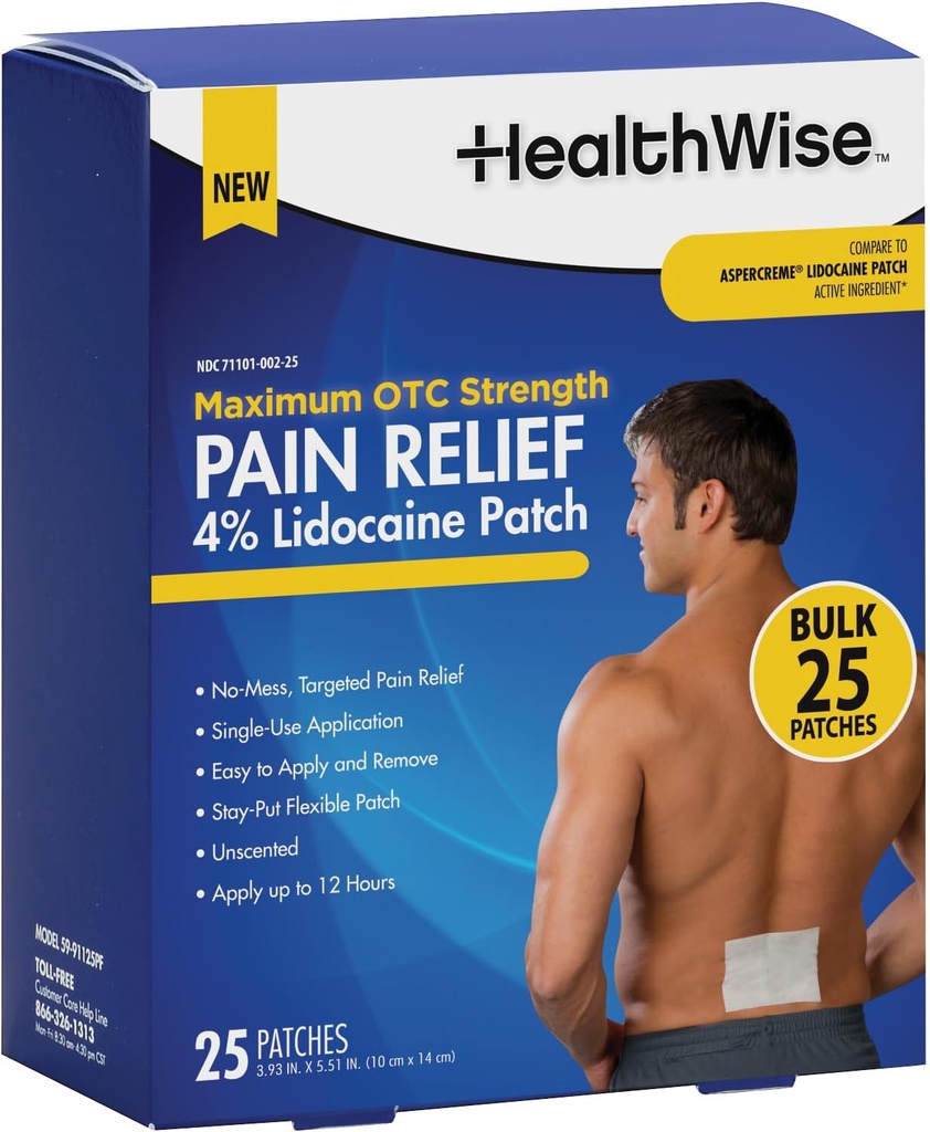 HealthWise 4% Lidocaine Pain Relief Patch 124; Maximum OTC Siła 124; 25- Hrabia 124; 3.93 "x 5,51" 124; Soothes Minor Aches and Pains Aches and Pains Agreef 124; Odor Free Agreement 124; Temat anestetyczny 124; Łatwy do zastosowania elastycznego kleju
