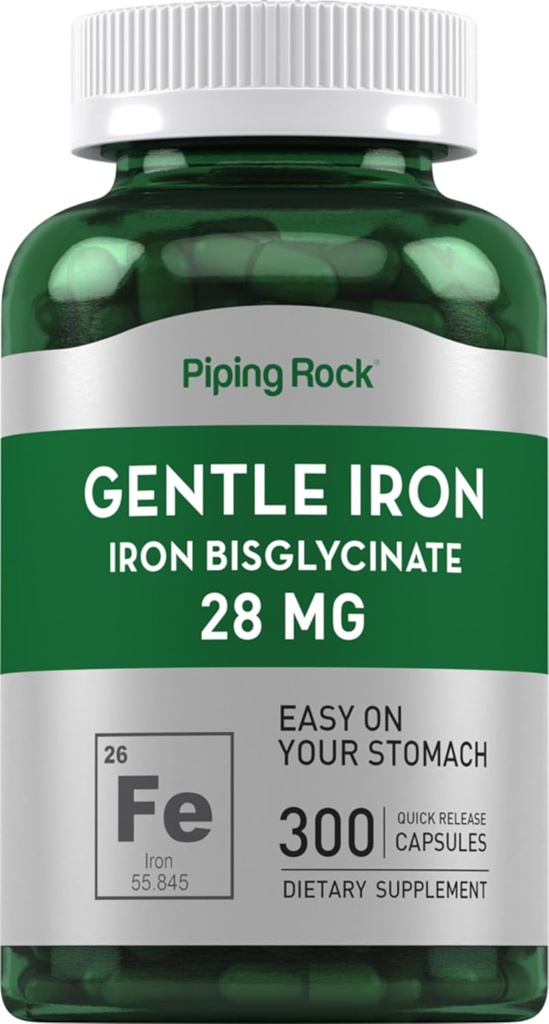 Piping Rock Żelazo Bisglicinate 28 mg Bisglicynian 124; 300 Kapsułki Bisglicynian 124; Delikatny suplement żelaza 124; Non- GMO & Gluten Free