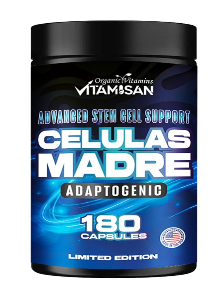 VITAMISAN Celulas Madres 180 Kapsułki - Stem Cell Blue Green Algae - Non GMO - Gluten Free AFA -Celula Madre Supplement - Lwie 's Mane Beta Glucan wspomaga zdrowe starzenie i pobudza immunologiczne Spirulina.