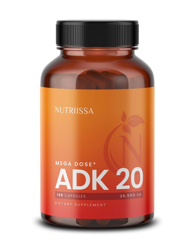 Nutrissa ADK 20 - Wsparcie zdrowia immunologicznego i kości z witamin A, D & K (25 000 j. m.) - 4- Miesiąc Dostawy - EPEB Certified for Pure & Potency - 120 Kapsułek wegańskich