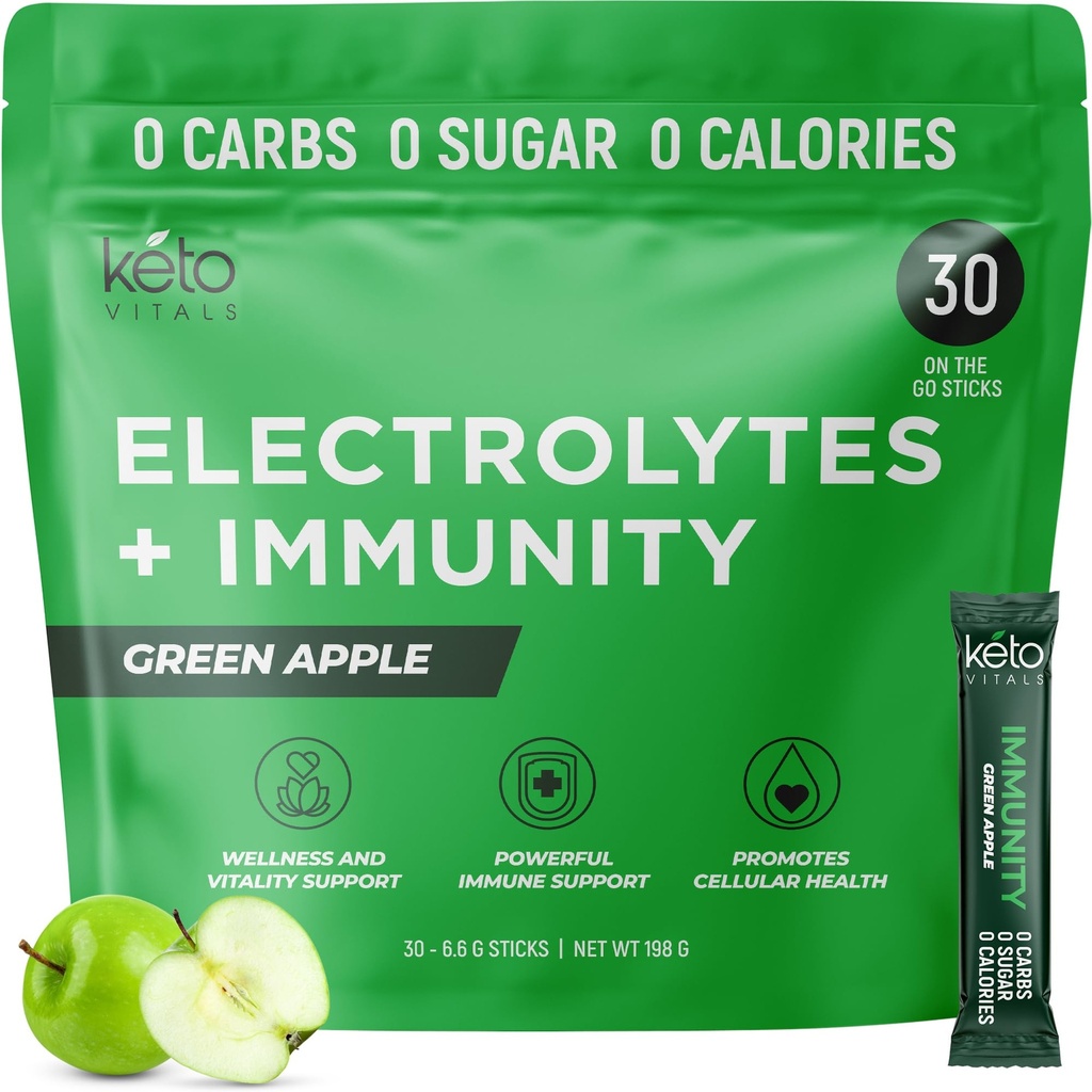 Keto Vitals Immunitet Cukru bez elektrolitów Proszek z witaminą C, Ginger, Turmeric, & Elderberry - Zwiększ swój system immunologiczny i nawodnić swoje ciało - Zielone jabłko Flavor, 30 Hrabia