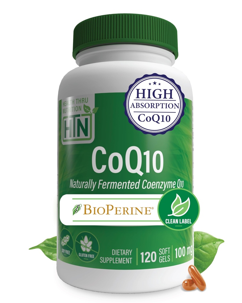 Zdrowie Thru Nutrition CoQ- 10 100mg z BioPerine 120 Softgels 124; Wysoka absorpcja naturalnie fermentowany USP Koenzym klasy Q10 Suplement Q4; Trzecia strona Tested 124; Heart Health and Energy Support