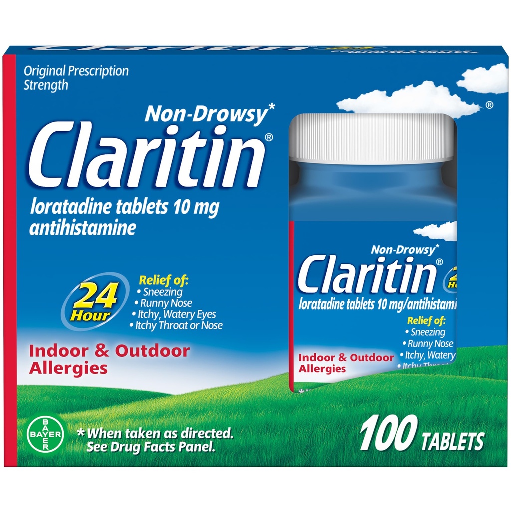 Claritin Alergy Medicine dla dorosłych, 24-godzinna Non- Drowsy Lorrigen 10mg Pigułki, Antyhistamina, 100 Tabletki