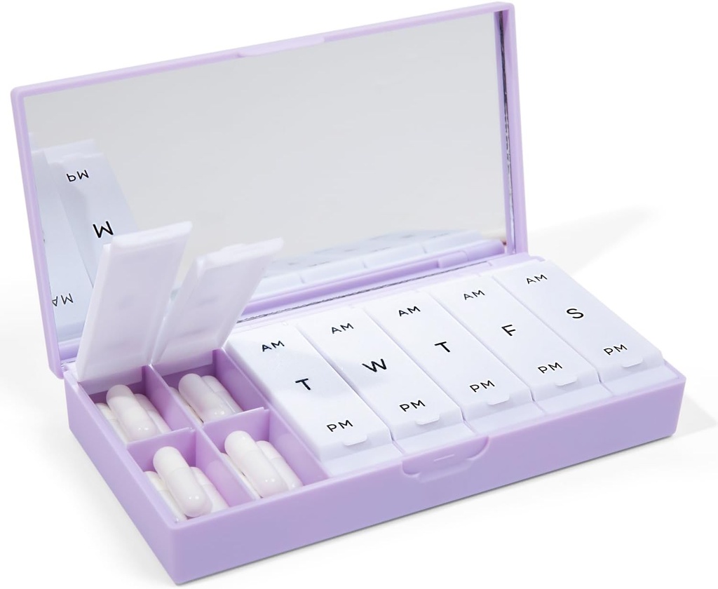 PORT X POLISH Designer Weekly Pill Box Organizator (AM / PM 2X Daily, Lilac) 124; Compact, Stylowe 7- Day suplement witaminy Case Amend124; Cute Portable Mini Travel Medicine Carrier 124; BPA- Free Pillbox Caddy