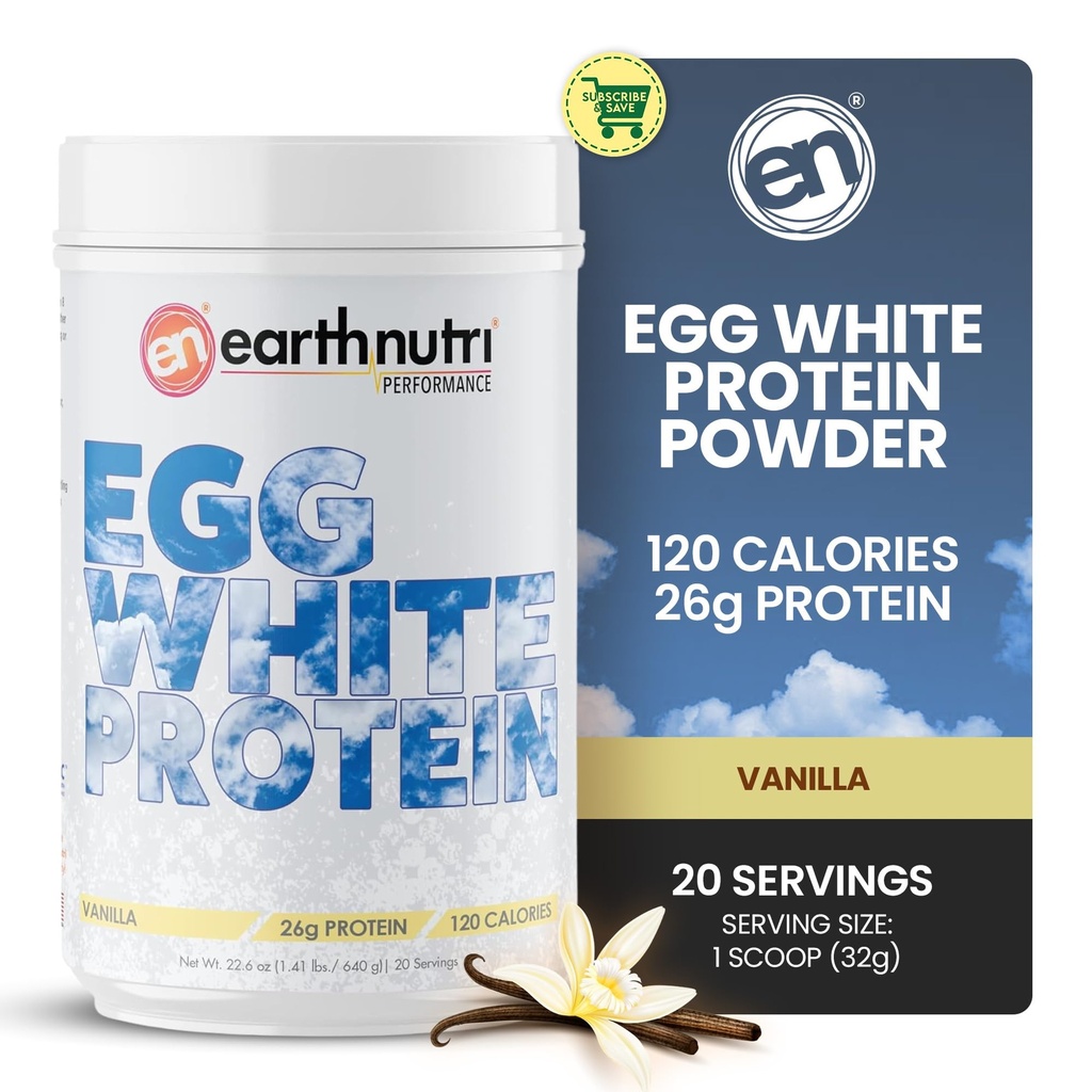 EarthNutri - Jajowy biały proszek proteinowy do ćwiczeń przed, intra lub post, 26g białka na serwowanie, Wspiera wytrzymałość mięśni i odzysk, Brak sztucznych dodatków - Vanilla 20 Służenia (640g)