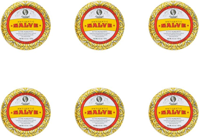Rawleigh Antiseptic Salve Iconic Yellow Big Tin: 4.5 oz, Wielozadaniowa maść łagodzi cięcia, siniaki, podrażnienia, z terpentyny, fenol, olej z nasion bawełny i parafina, Oryginalna formuła - Opakowanie 6