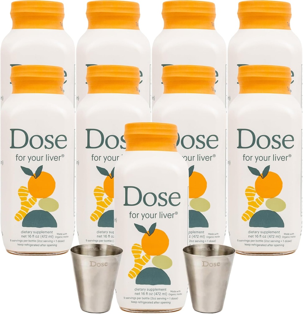 DOSE for Your Liver Supplement Supplement Shot 124; Non GMO, Vegan, Gluten Free, Kosher Pareve Budapest 124; 16oz (9 butelek) & 2oz Shot Glass (2 szklanki)