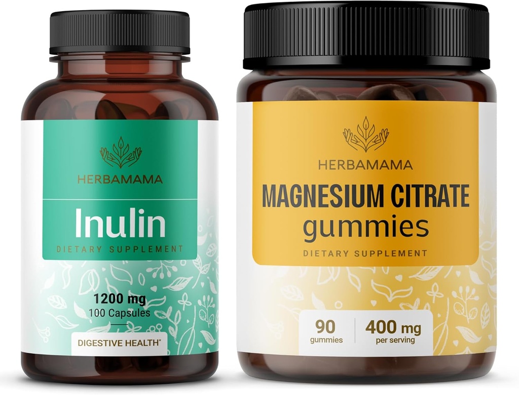 HERBAMAMA Inulina i Magnezu Kit - Zestaw 1200 mg Włókna Inulinowego Kapsułki & 400 mg Magnezu Gummies Citrate - Wegan, Non-GMO, Żelatin- Free - 2 Pack