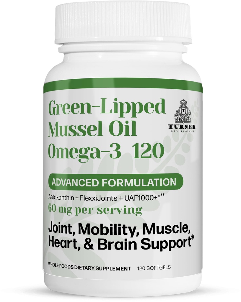 TURNER Nowa Zelandia Zielona Lipped Omega-3 Olej muszli, 53x Wyższa moc z UAF1000 + Super Przeciwutleniacz dla Superior Joint Comfort & Mobilność, No Fishy Aftersmast, 1 Butelka, 120 Softgels