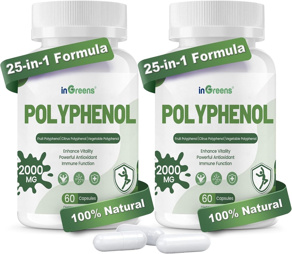 25- in-1 Suplement polifenoli, 2000MG Potężne przeciwutleniacze i polifenol do obrony wieku, polifenol Superfood, Quercetin, Resveratrol, Plant- Based & Energy, Wsparcie immunologiczne, 120 Kapsułki