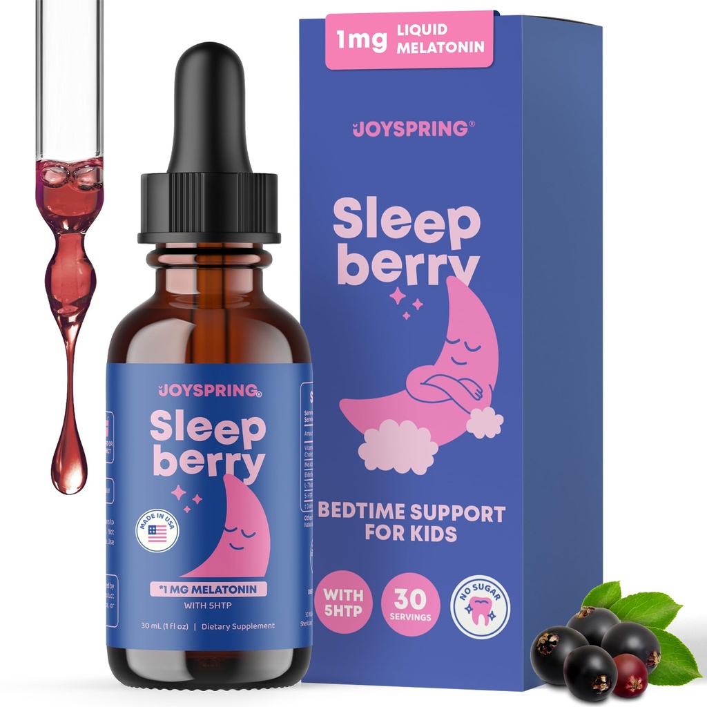 JoySpring Melatonina 1MG dla dzieci 124; 5HTP & L- Theanine - Bezcukrowa Melatonina płynna dla dzieci i młodzieży - Przyjazny dla dzieci Suplement do snu (1 fl oz)