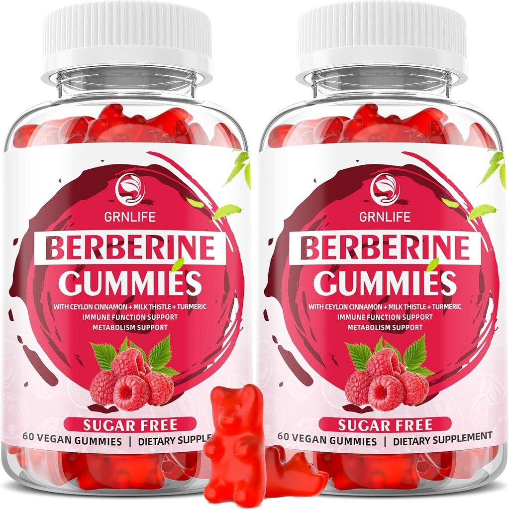 Berberyjskie gumki z Ceylon Cynamon 1500mg Wysoka potencja Berberyna HCL Suplement do wsparcia immunologicznego i metabolizmu, Bez cukru, Malina Flavor - 120 Count
