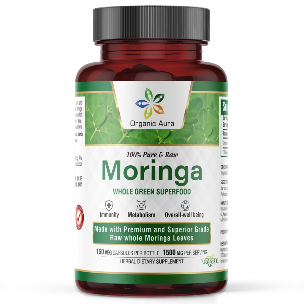 Organic Aura Moringa Leaf kapsułki 124; 1500mg - 150 HPMC Veg 124; Whole Leaves Green Super Food Nutrition 124; Naturalny zwiększa metabolizm, Energia, Zdrowie i Stamina 124; 100% Pure Safe Moringa 124; Nie GMO.