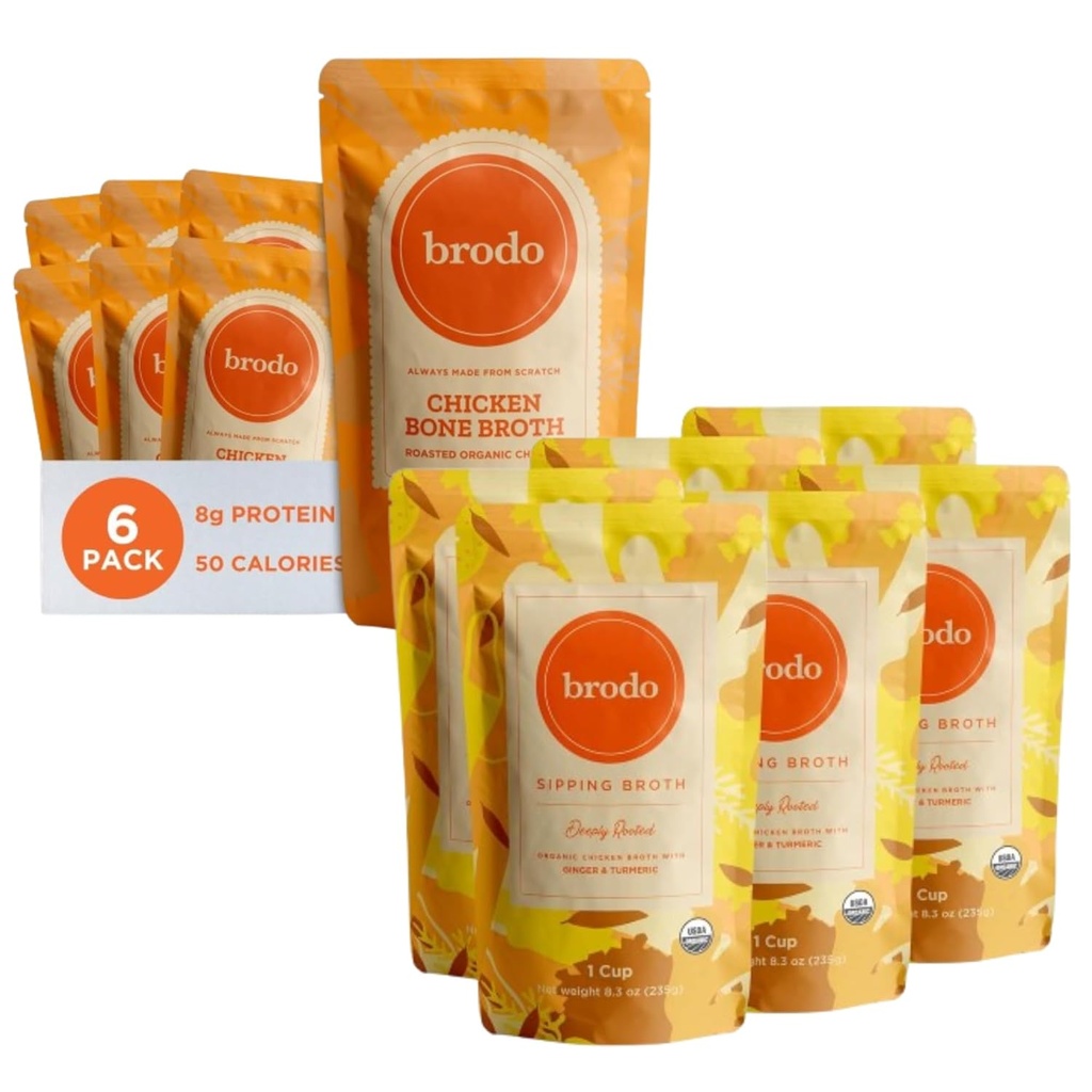 Brodo Deeply Rooted Organic Chicken Broth z Turmeric & Ginger 124; Gęstość odżywcza, Szef kuchni Wykonane Bone Broth w single serving Pouches Perfect 124; Nie wykonane z koncentratu, Brak środków konserwujących (6x 8.3 oz Pouches)