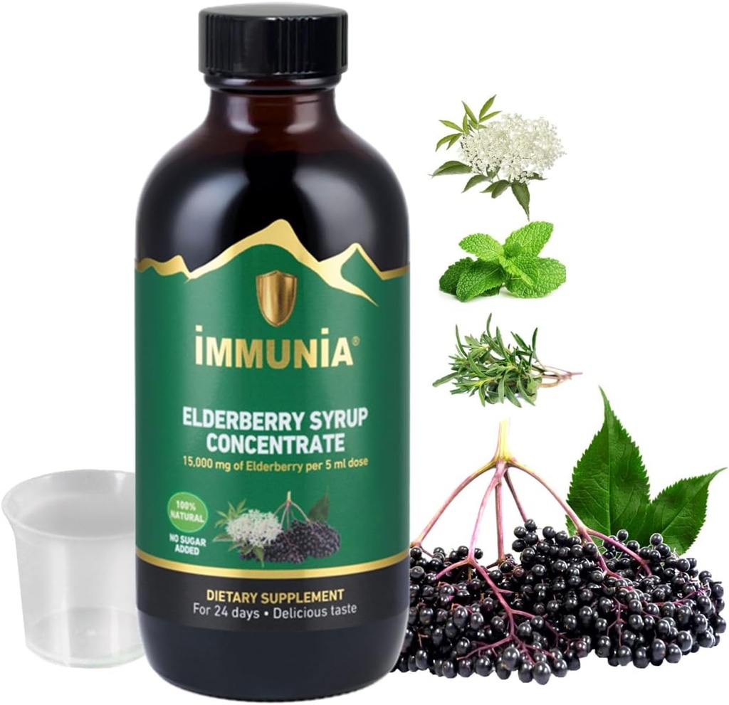 Immunia Elderberry Syrop pomaga wzmocnić system immunologiczny. Skoncentruj się z Elderflower, Thyme i Peppermint. Nie dodano cukru. Pyszny smak. 24 dni / butelka. (1- Pack)