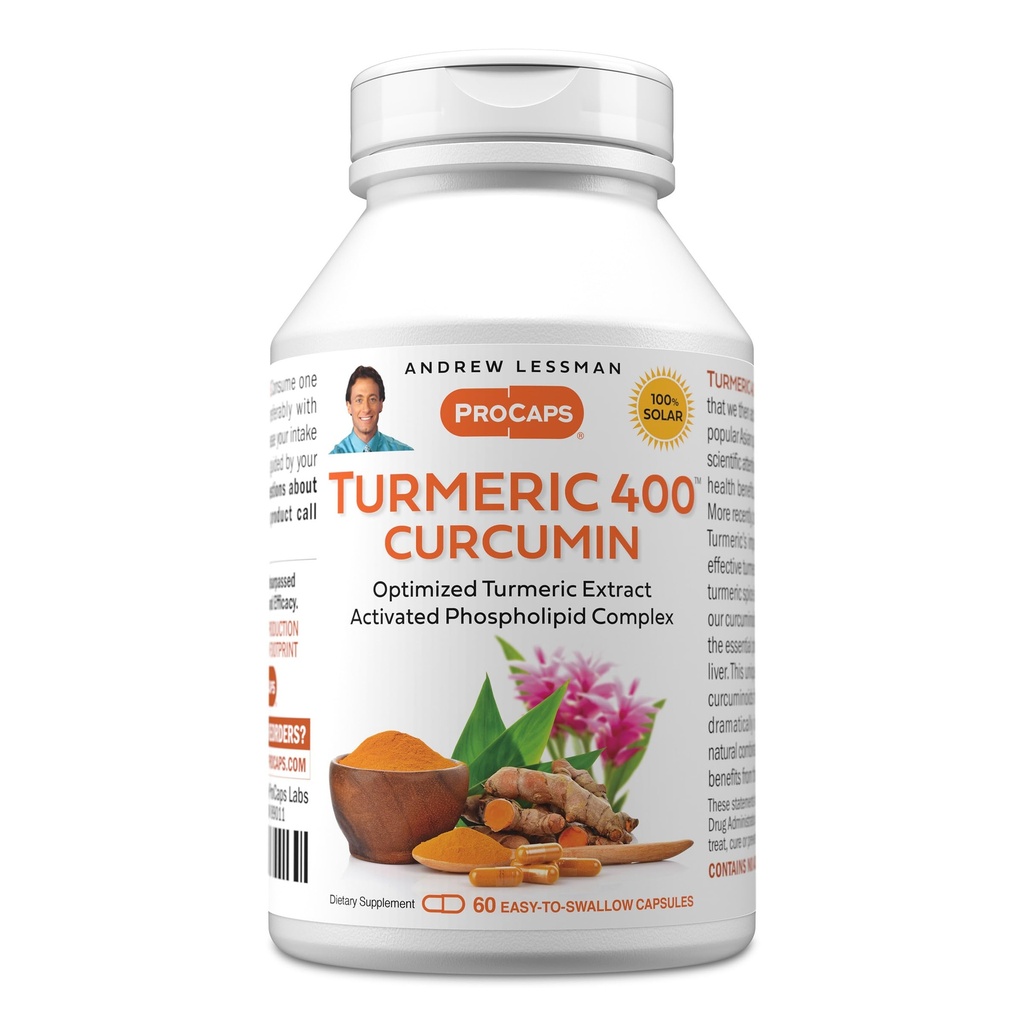 ANDREW LESSMAN Turmeric 400mg - 60 Kapsułek - 95% Kurkuminoidy jako kompleks fosfolipidów dla optymalnych korzyści i absorpcji, Wysoka moc Standaryzowany ekstrakt, Mała łatwość połykania Kapsułki