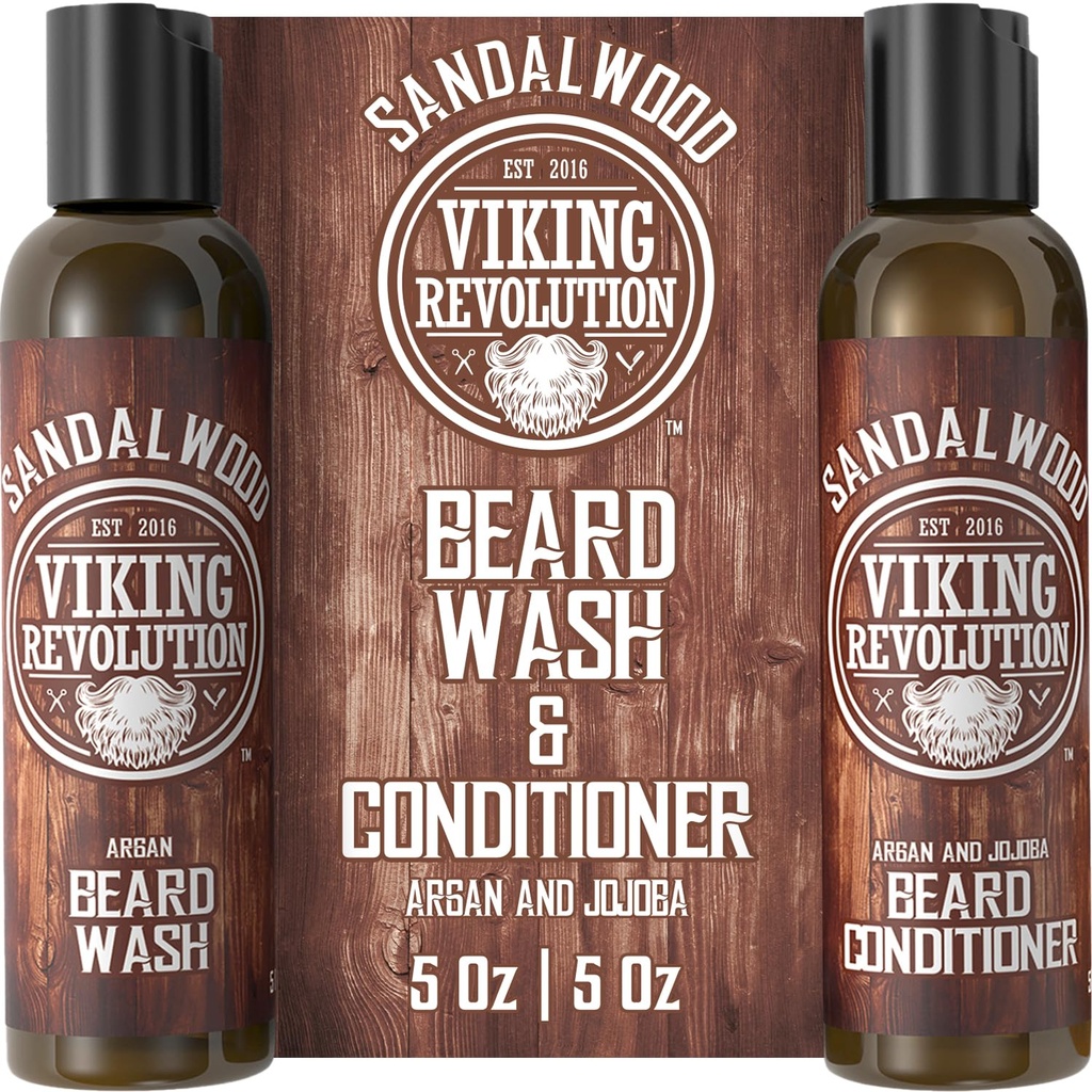 Viking Revolution Beard Wash & Beard Conditioner Set w / Argan & Jojoba Oils - Softens & Strengens - Natural Beard Shampoo w / Beard Oil Sandalwood (5oz)
