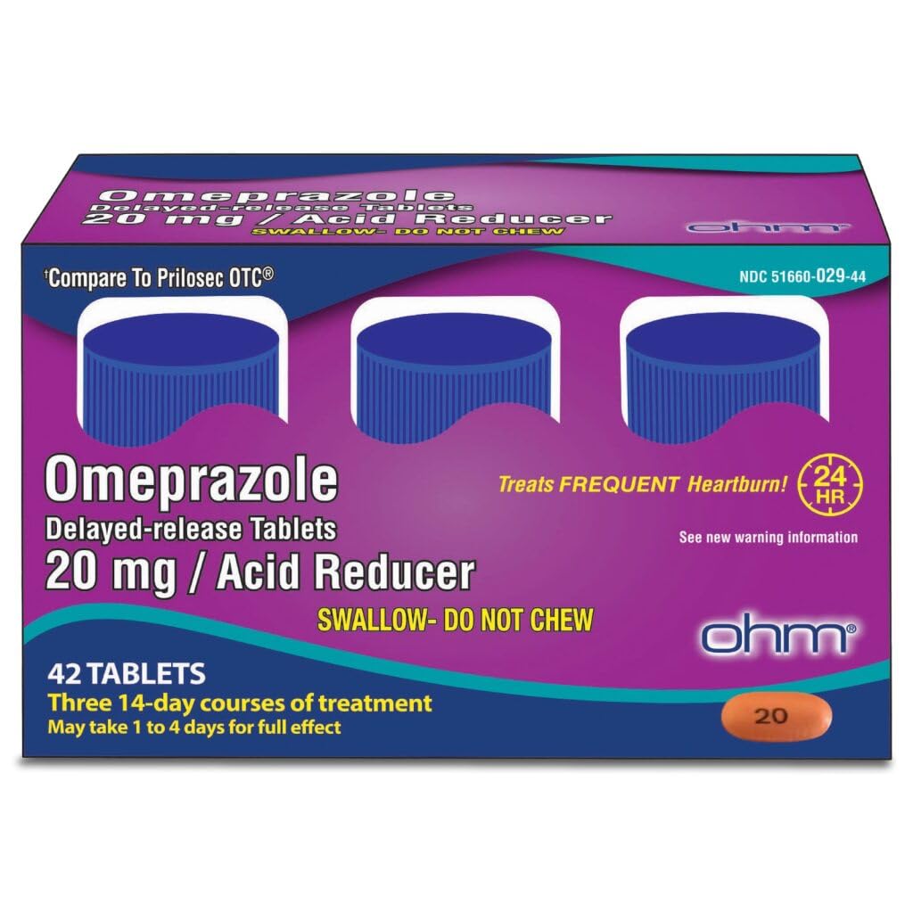 Ohm Omeprazol 20mg, 42 Tabletki o opóźnionym uwalnianiu, Reduktor kwasowy dla częstych oparzeń serca, 24- godzinna ulga w leczeniu oparzeń serca, Pomaga Relieve Stomach & Chest Discomfort (6 tygodni dostaw, 42, Count)
