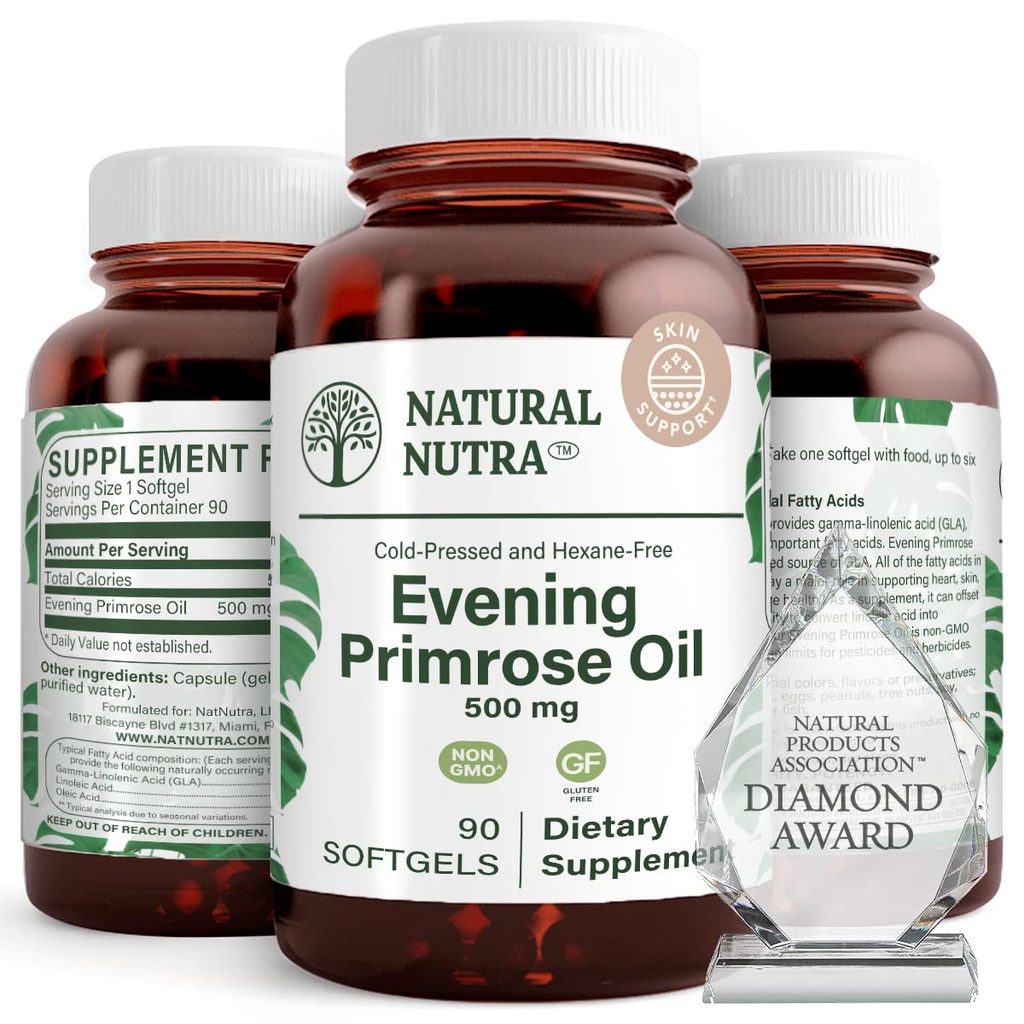 Natural Nutra Wieczorna Primrose Suplement oleju z kwasów tłuszczowych, Nerve Health, Pomaga zmniejszyć Blemishes skóry, Balance Body Secretions, Promote Heart Health, Skóra Clarity, 500 mg, 90 Softgels