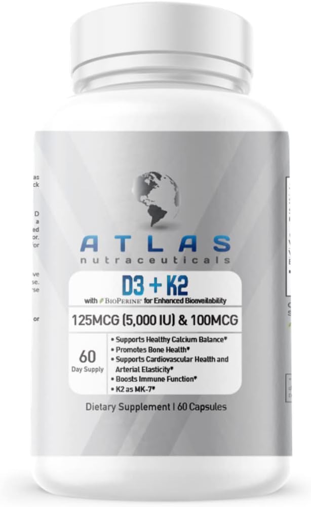 Atlas Nutraceuticals - Witamina D3 + K2- Witamina D3 5000IU Plus K2, 2 w 1 Formule, MK7 Witamina K2, 60 Kapsułki, Kompleks Witaminy immunologicznej