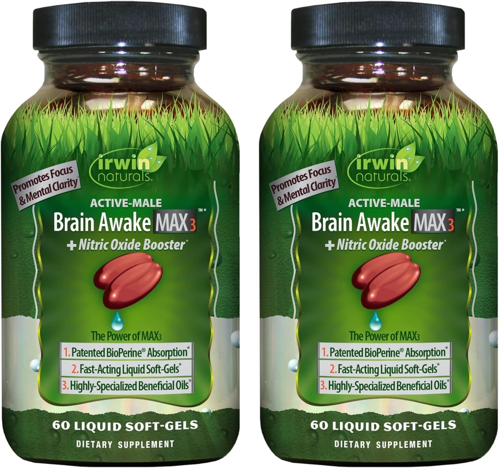 Irwin Naturals Brain Awake Max3 + Azoksyd azotowy Booster - 60 Płynne żele soft-, Pack of 2 - Wsparcie zdrowia mózgu i optymalizacji wydajności - 40 Łączne służby