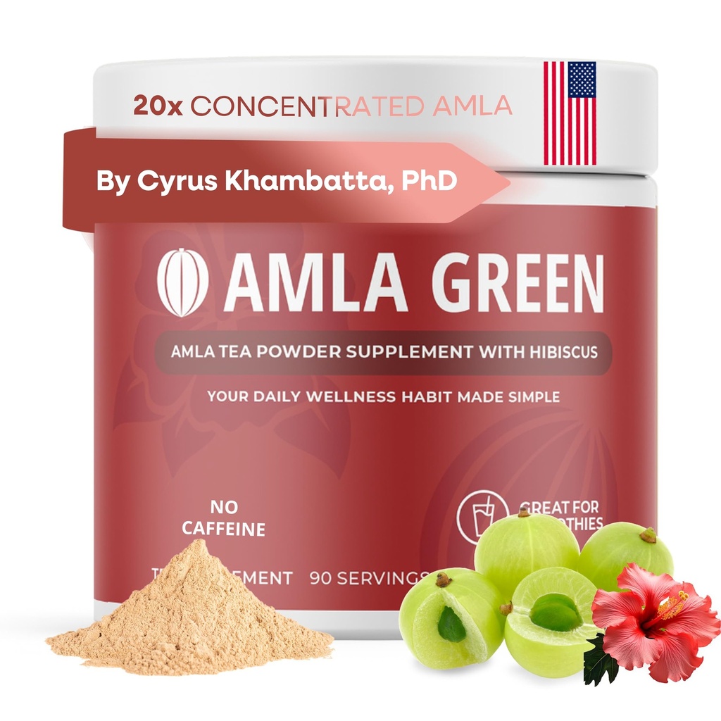 Amla Powder & Green Tea Superfood Suplement z Hibiscus, 20x Ultra koncentrat Amla, Wsparcie przeciwutleniacze, Made with Oolong Tea and Indian Gooseberries, Organic, Wegan, Hibiscus, 90 Służenie