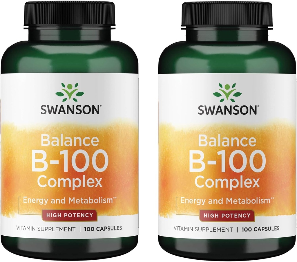 Swanson Witamina B- 100 - Suplement Witamina Promowanie Energii i Metabolizm Wsparcie - Wysoka moc Formuła Wspomaganie Zdrowia Serca, Zdrowie Mózgu i Nerwy - (100 Kapsułki) (2 opakowania)