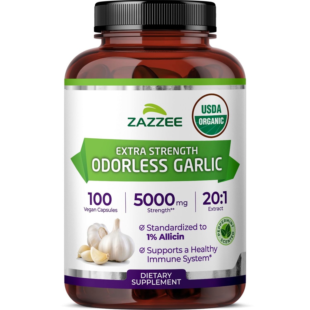 Zazzee USDA Organic Odorless czosnek 20: 1 Extract, 5000 mg Siła, 100 Kapsułki wegańskie, 3 + Miesiąc dostaw, Standaryzowane, Skoncentrowane 20X Extract, 100% Wegetarian, All- Natural, Non-GMO, Made in USA