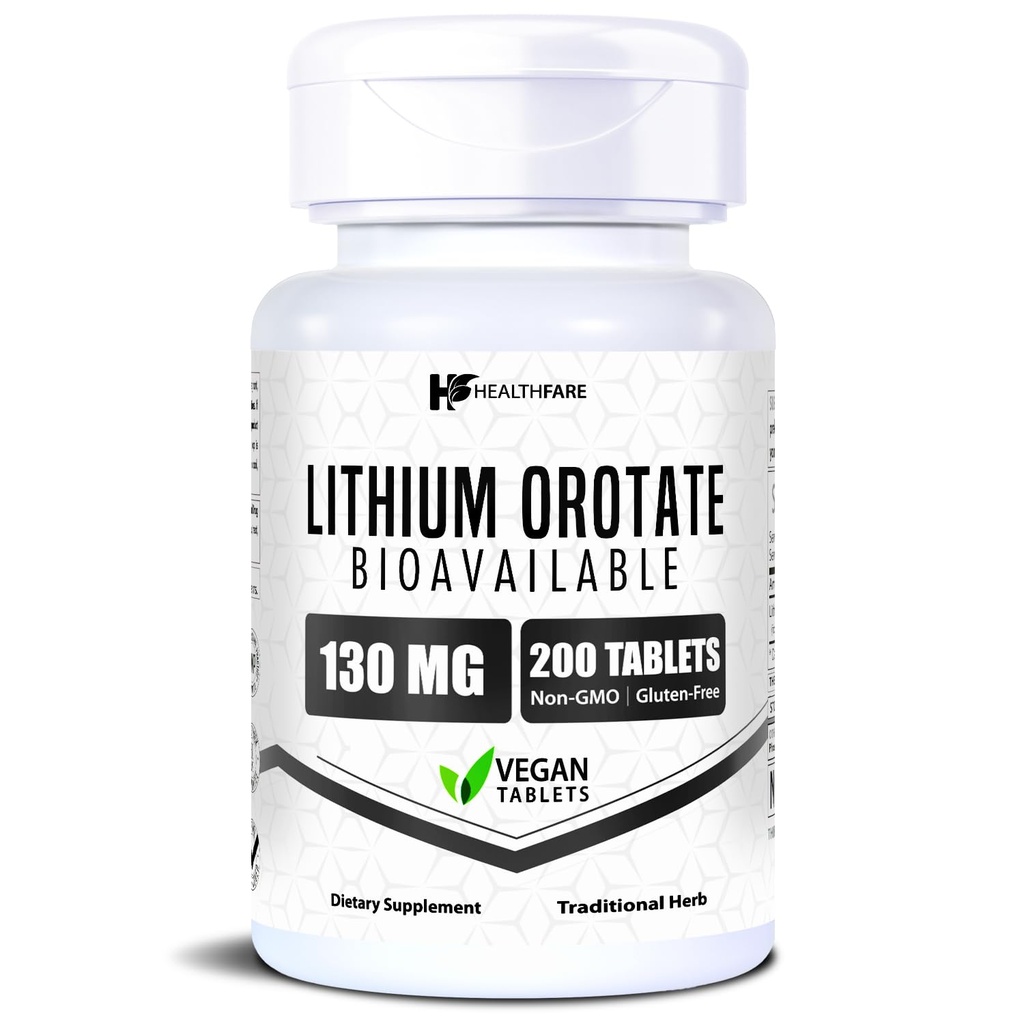 HealthFare Litium Orotation Supplement 130mg Agregat 124; 200 Tabletki wegetariańskie Agregat 124; Wysoka Biodostępność Ślad mineralny 124; Nastrój, Mózg i Wspomaganie Pamięci 124; Non-GMO, Gluten- Free Agregat 124; Made in USA