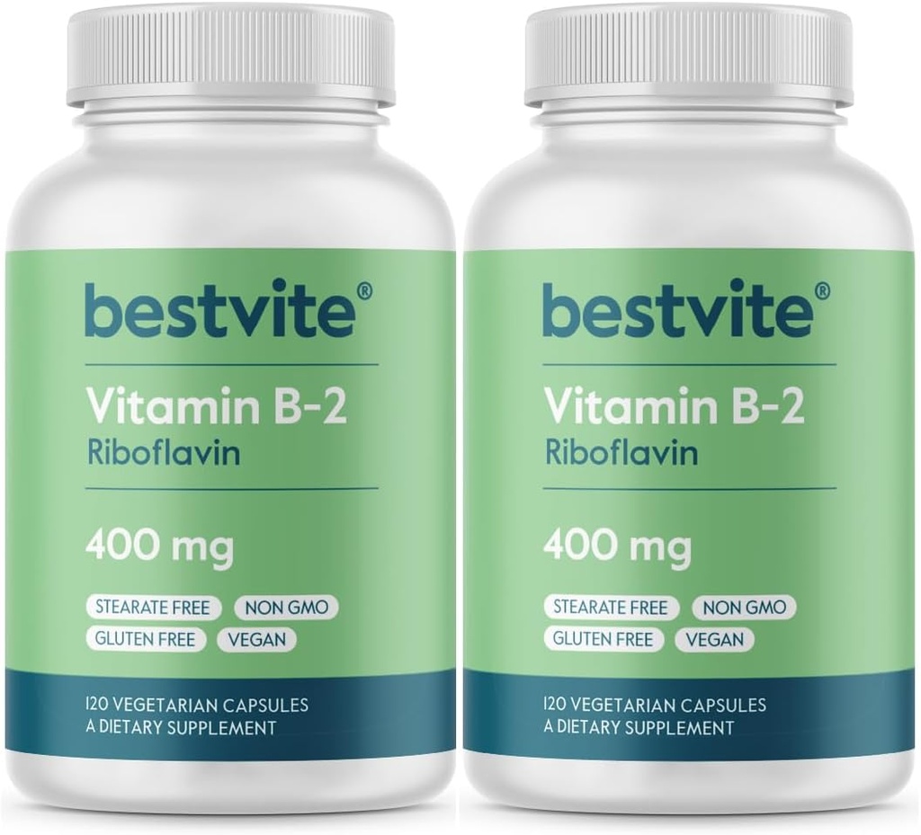 BESTVITE Witamina B-2 (Riboflavin) 400mg (240 Kapsułki wegetariańskie) (120 x 2) - Brak stearynianów - Wegan - Nie GMO - Bez glutenu