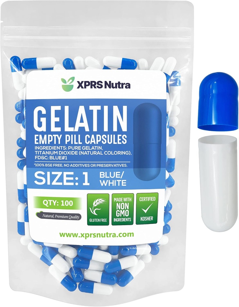 XPRS Nutra Rozmiar 1 Puste kapsułki - 100 Licz Puste kapsułki żelatynowe - Pigułka DY Kapsułka Napełnianie - Czysty żel piórowy dla bydła Kapsułki Do- It- Yourself Supplements (niebieski / biały)