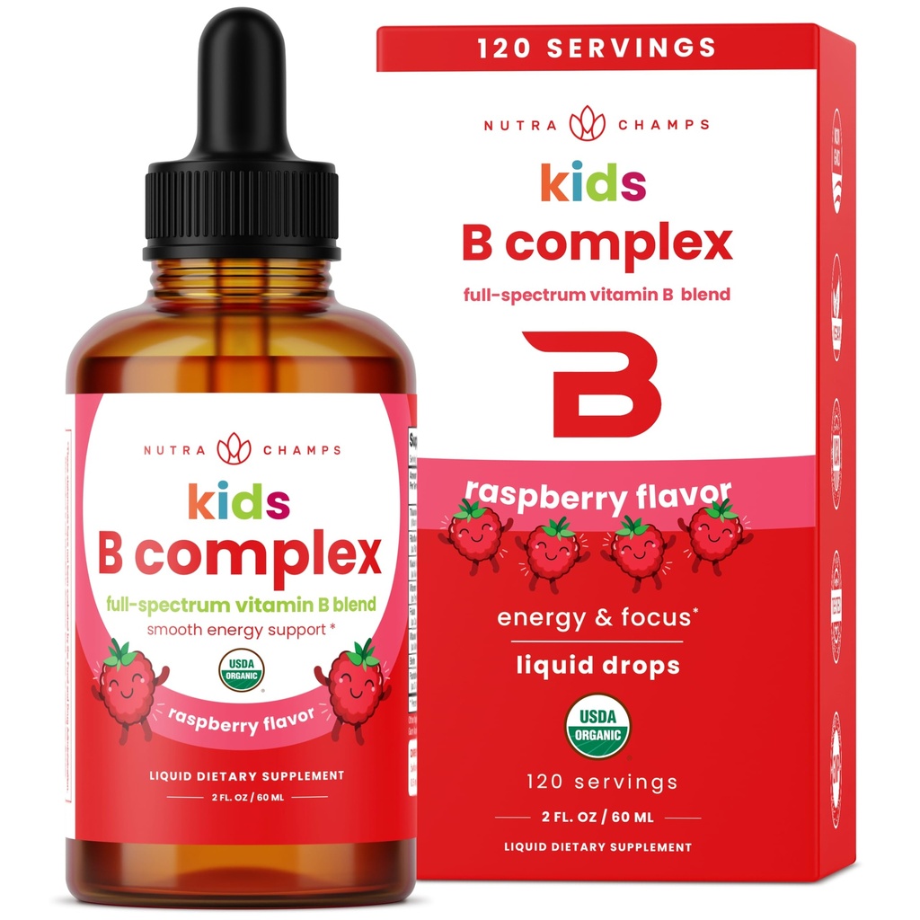 Kompleks witaminy B NutraChamps dla dzieci, B1, B2, B3, B6, B7, B9 i Metyl B12, Kompleksowy suplement kropli płynnych dla dzieci B, Energia, Focus, Metabolizm, Natural Berry, 120 Słupki, 4 Dostawy Miesiące