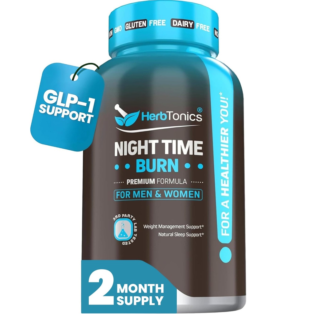 Herbtonics Night Time Burn & Sleep Complex wspiera nocny metabolizm, stres ulgi i głęboki sen. Zawiera Melatonina, Valerian i zielona herbata - Vegan Bedtime Weight Management (60 kapsułki)