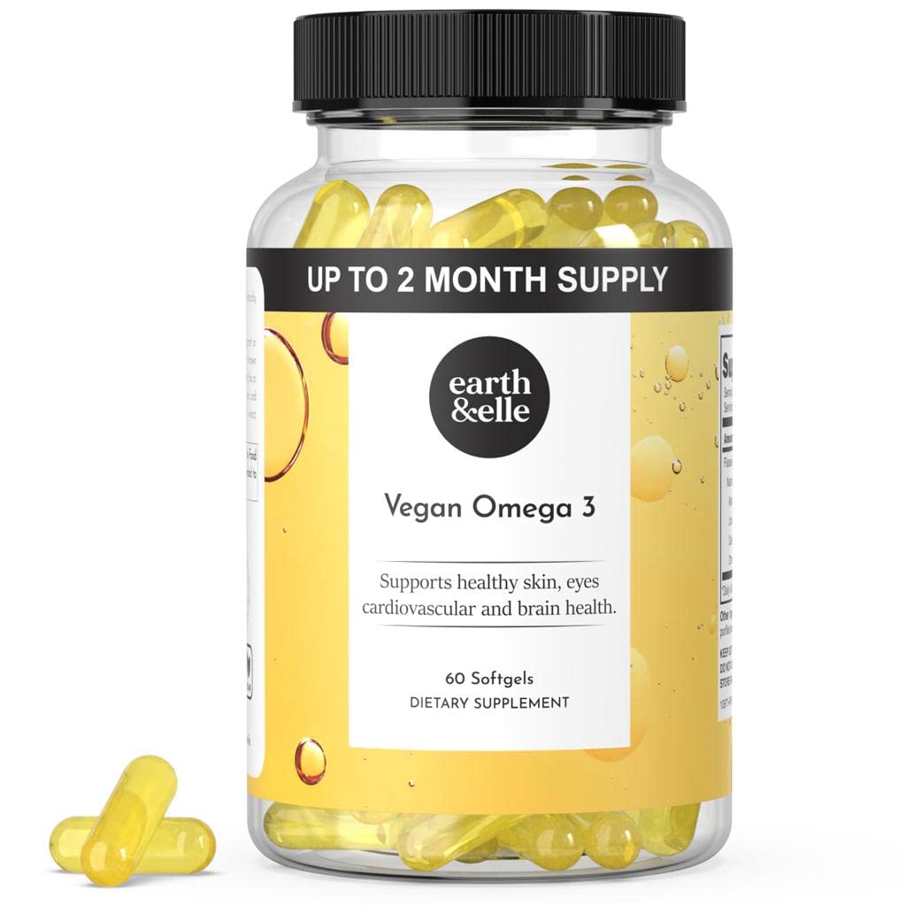 Earth & Elle Algae Omega 3 Supplement - Vegan Omega 3 - Omega 3 Vegan Supplement w / Algae Oil & Vegan DHA - Helps Support Heart & Brain Health 1000 mg Per Serving - No Fishy Aftertaste 60 Softgels