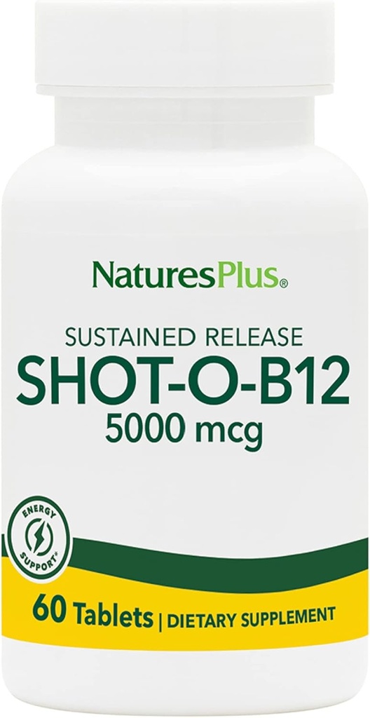 Nature Plus Shot- O- B12 (Methylcobalamin), Trwałe uwolnienie - 5000 µg, 60 Tabletki wegetariańskie - Wysoka moc, szybko działające B12 Suplement - Memory & Energy Booster - Gluten- Free - 60 Służenie