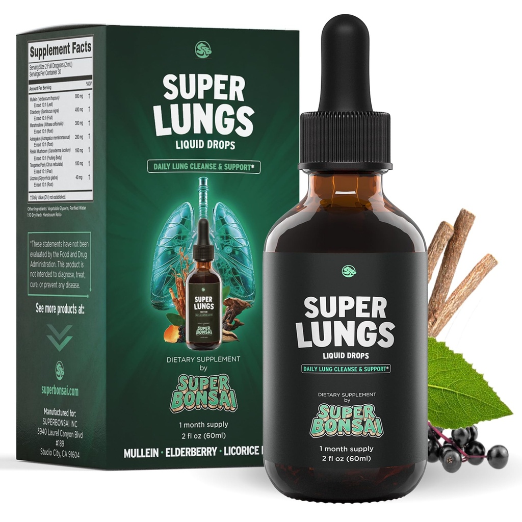 SuperBonsai Super Płuca Mullein Drops - Herbal Lung Support Tincture with Mullein Leaf Extract Elderberry Reishi Marshmallow Root - Wspiera wyraźne oddychanie & Wellness - 2 oz