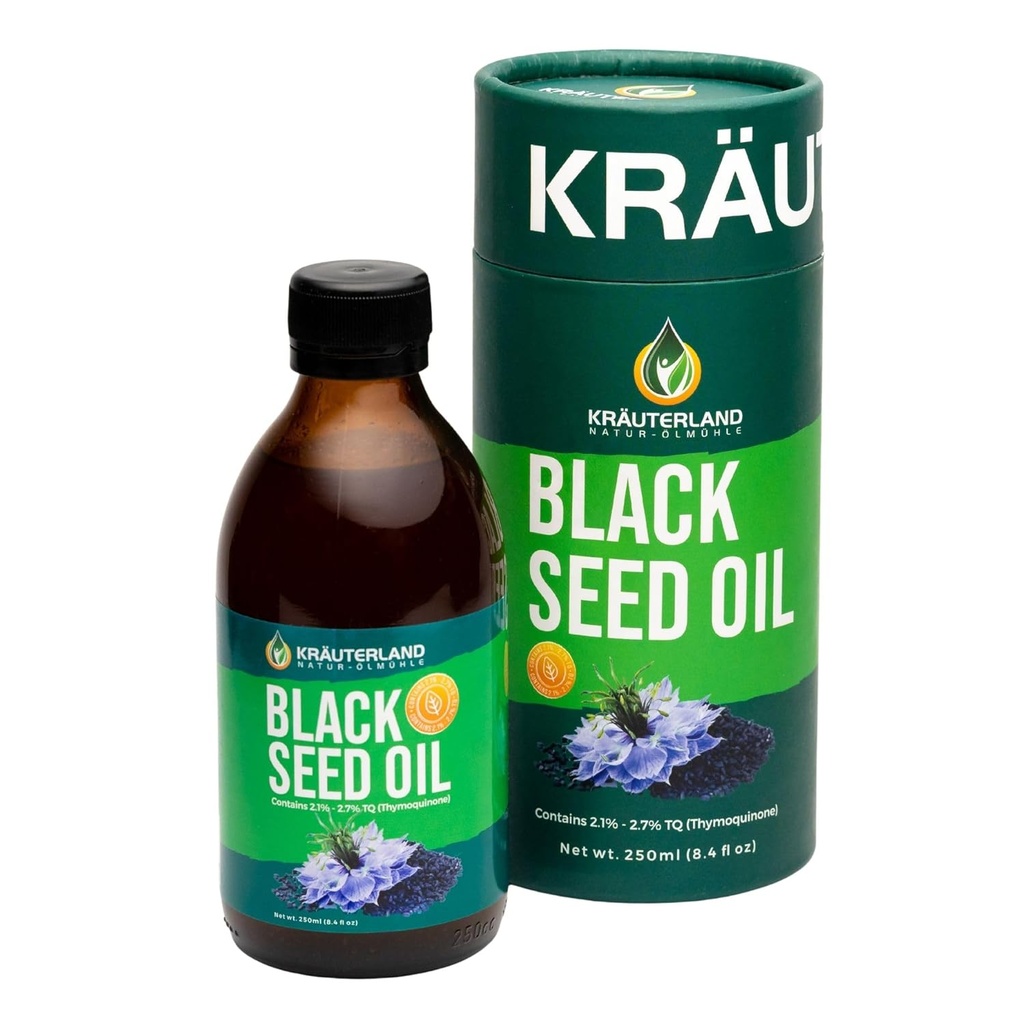 Kraeuterland - nowy zamek skręcający - bez wycieku - Natural Black Seed Oil Liquid 8.4 fl oz, Nigella Sativa Seed Oil, High Thymoquinone, Cold Presset, Vegan, Gluten Free