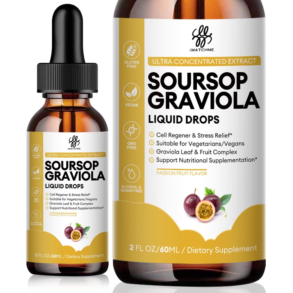 iMATCHME Premium Soursop Graviola dla trawienia, Wsparcie zdrowej skóry i snu, Ekstrakt Soursop płynny kropla z liści i owoców Graviola, Cukier / kofeina / Gluten wolny, Passion Fruit Flavor, 2 Fl Oz