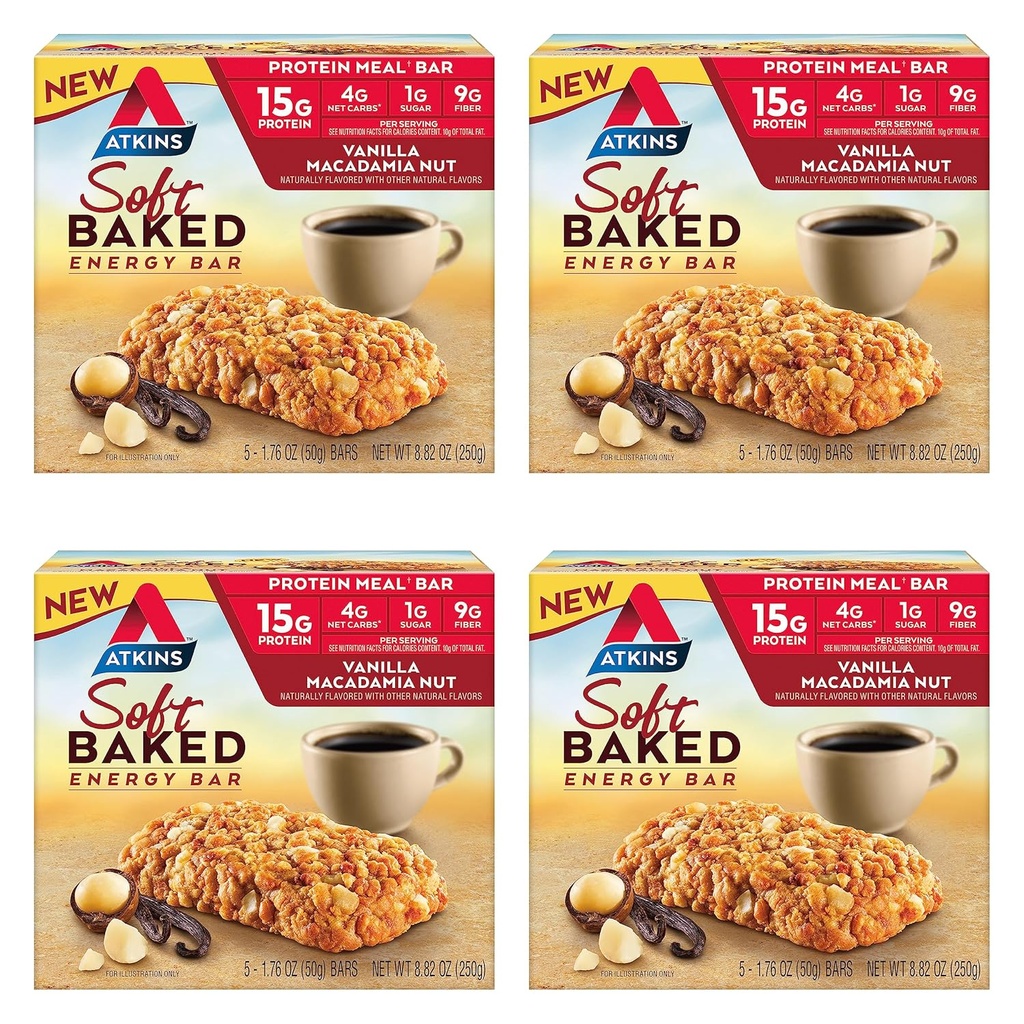 Atkins Vanilla Macadamia Nut Flavored miękkie pieczone bary energetyczne, Wysoka zawartość białka, niski cukier, wysokiej fiber przekąski, Przekąski białka, 4 opakowania (4 bary każdy)