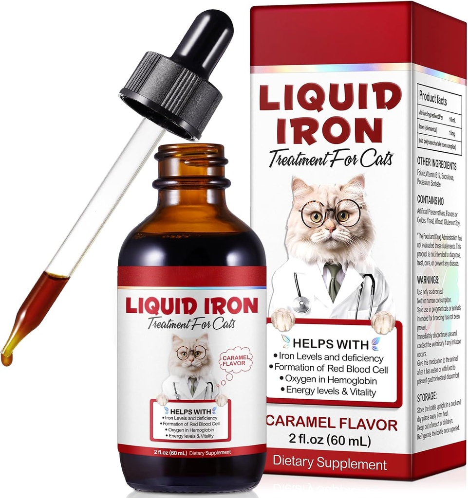 Iron Supplements for Cats, 60ML Liquid Iron with Folate and B12 Supports Anemia, Low Enery Levels and Lethargy, Promotes Red Blood Cell Formation and Blood Health