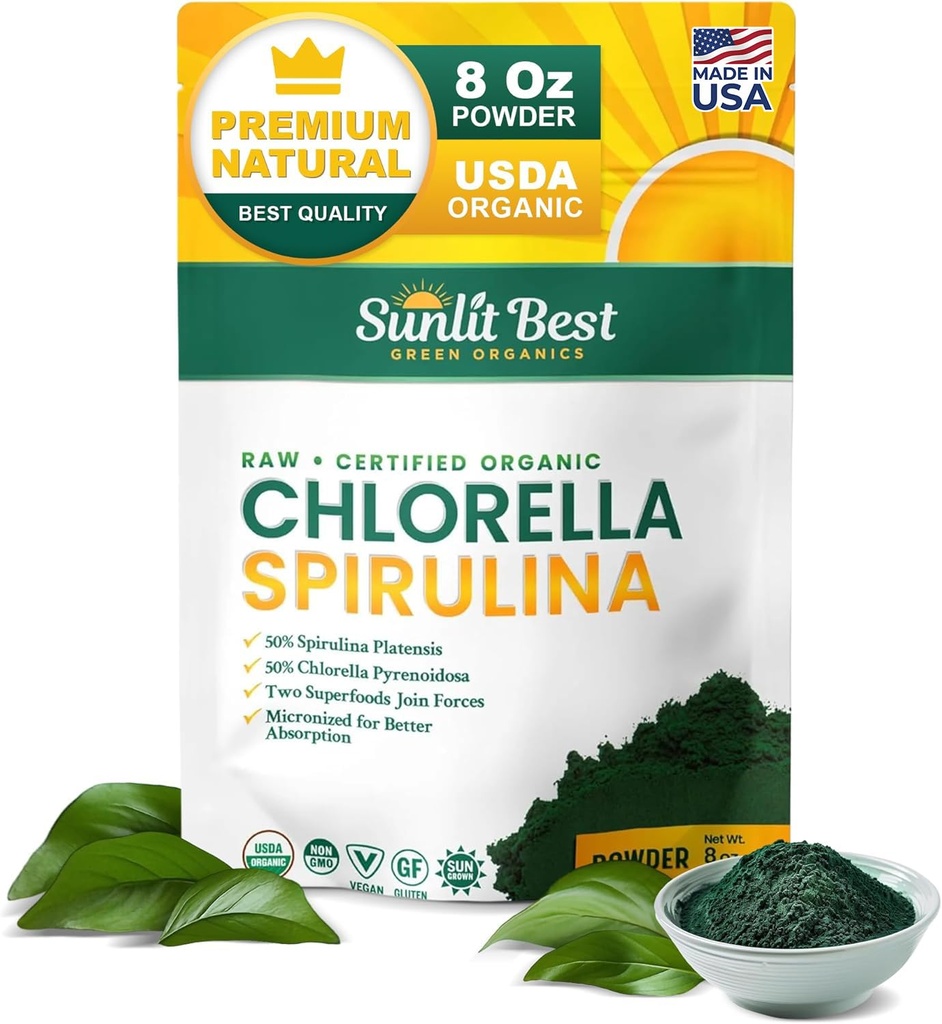 Sunlight Best USDA Organic Chlorella Spirulina Proszek - 100% Surowiec & Wegan Źródło białka & Chlorophyll 124; Non GMO & Gluten Free Superfood Energy Drink 124; Gut Health & Immune Supplement, 8 oz